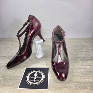 Joan & David Patent Leather T Strap Mary Jane Shoes Sz 6.5M Wine Pump Pointy Toe